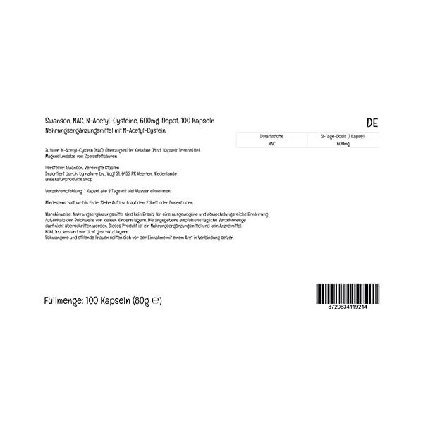 Swanson, NAC N-Acetyl-Cysteine, 600mg, Dépôt, 1 Capsule tous les 3 Jours, 100 Capsules, Hautement Dosé, Testé en Laboratoire,