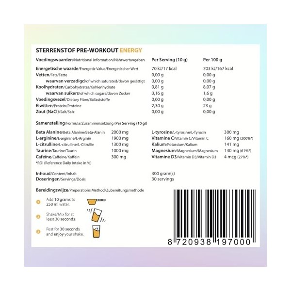 Sterrenstof Booster de pré-entraînement avec caféine - Énergie - Booster hautement dosé en bêta alanine, taurine, acides amin