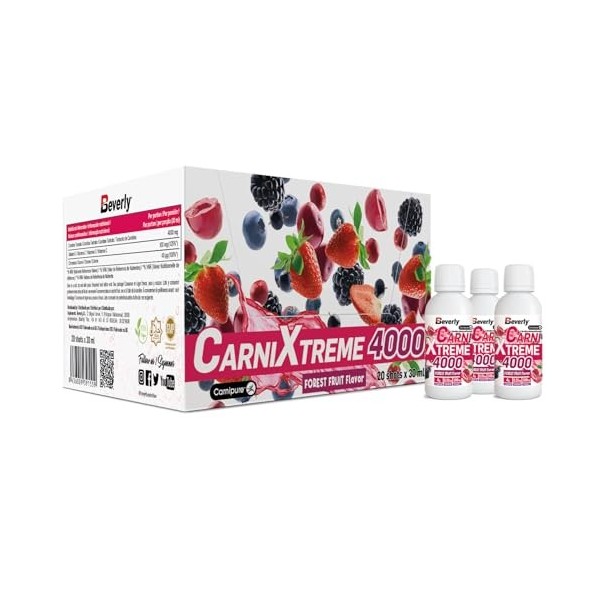 Carni Xtreme 4000 Carnitine Carnipure 4 g par flacon avec vitamine C et chrome | 20 shots | Goût fruits rouges