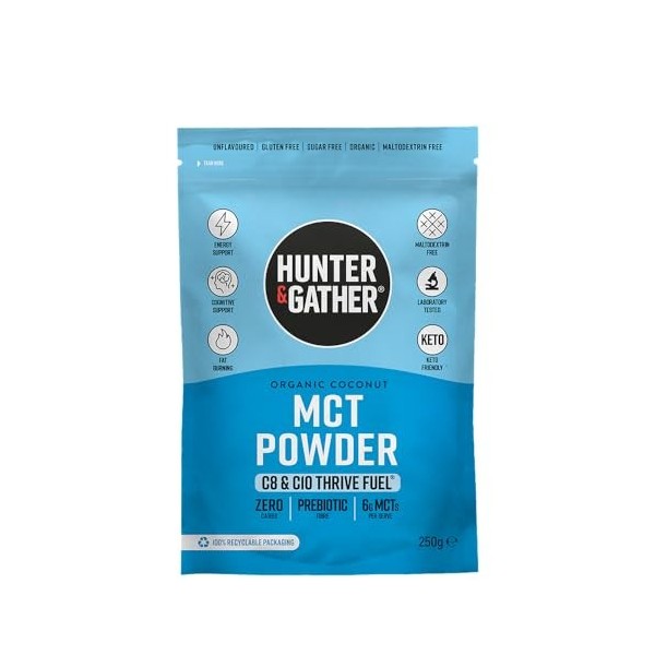 Hunter & Gather Poudre MCT biologique de qualité supérieure C8 et C10 250g I Céto Compatible | Sans saveur, crée un café bull