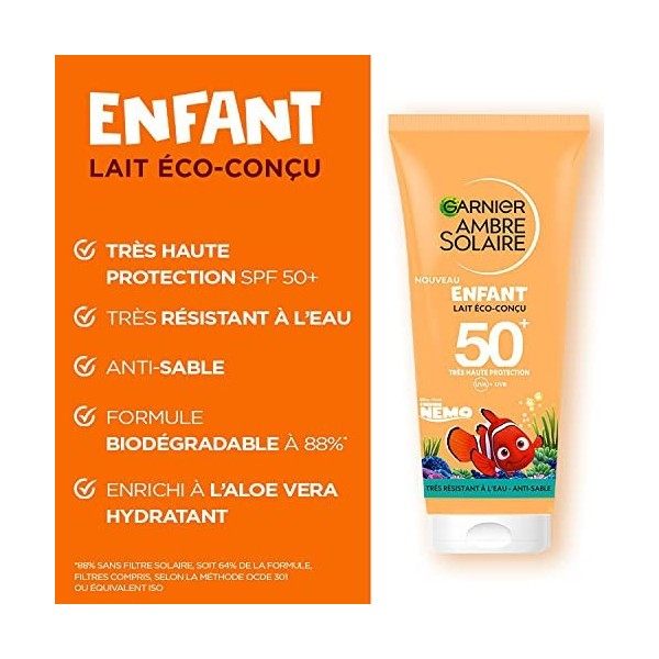 Garnier - Lait Solaire Protecteur Éco-Conçu pour Enfant - Protection Solaire FPS 50+ - Résistant à lEau - Anti-Sable - Enric