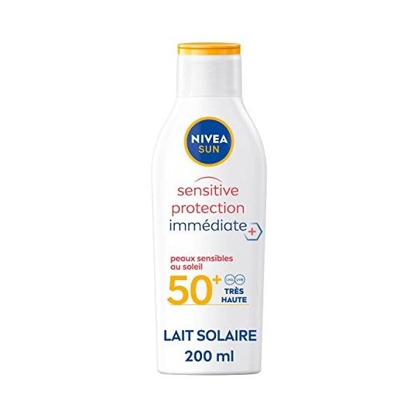 NIVEA SUN Lait solaire Sensitive protection immédiate FPS 50+ 1x200 ml , protection solaire non parfumée & résistante à l’ea