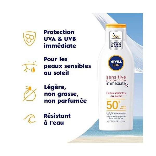 NIVEA SUN Lait solaire Sensitive protection immédiate FPS 50+ 1x200 ml , protection solaire non parfumée & résistante à l’ea