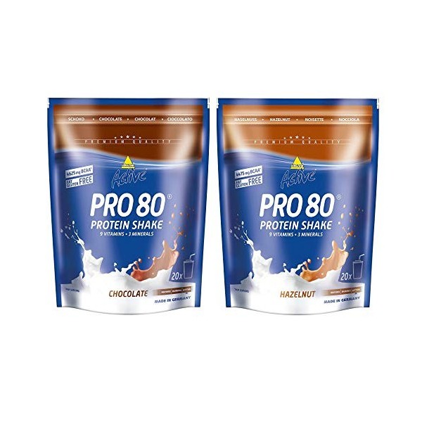 Inko Active Pro 80 Lot de 2 sachets de shake protéiné 2 x 500 g - 1 kg Noisette et chocolat