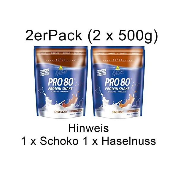 Inko Active Pro 80 Lot de 2 sachets de shake protéiné 2 x 500 g - 1 kg Noisette et chocolat