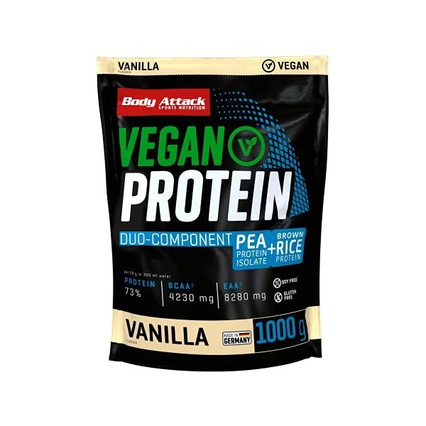 Body Attack Vegan Duo-Component Protein Chocolate, 1000 g de protéines végétales issues de deux sources / 33 portions, Sachet