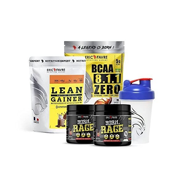 PACK PRISE DE MASSE - Kit Starter Protéines, Pré-Workout, Acides Aminés - Lean Gainer + Born of Rage + BCAA 8.1.1 ZERO Vegan 