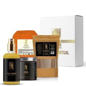 COFFRET CADEAU HAMMAM- Huile dargan bio du Maroc 30ml- Gommage au Savon noir à lEucalyptus 200G- Gant de gommage corps Kess