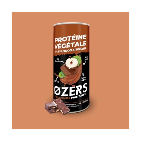 Ozers Protéine Végétale Chocolat Noisette / 4 sources : Pois, Fève, Riz, Courge / 77% de protéines / 4g BCAA/Sans sucre/Textu