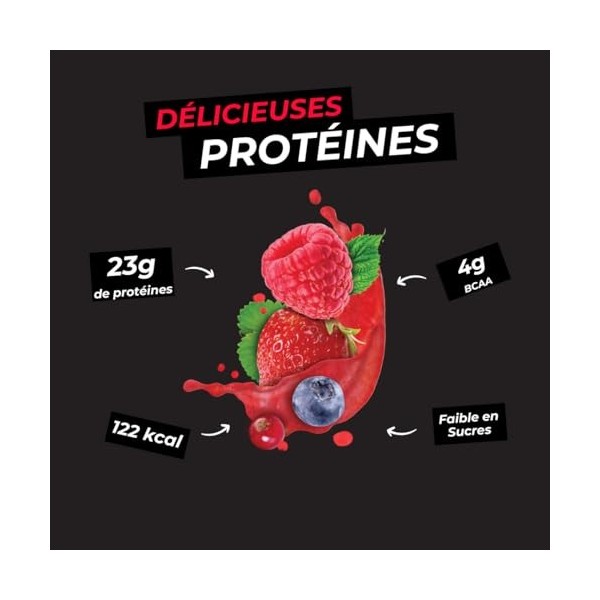 Ozers Protéine Végétale Fruits Rouges / 4 sources : Pois, Fève, Riz, Courge / 78% de protéines / 4g BCAA/Faible en sucre/Text