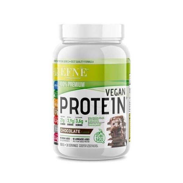 EFNE | Protéine végétalienne avec Spiruline 900 g Poudre | Saveur chocolat | Protéines biologiques biologiques | 21/g par dos