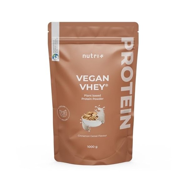 Nutri + Vegan Vhey Cinnamon Cereal 1 kg - 3K shake protéiné - Poudre de protéine végétalienne sans lactose - Céréales à la Ca