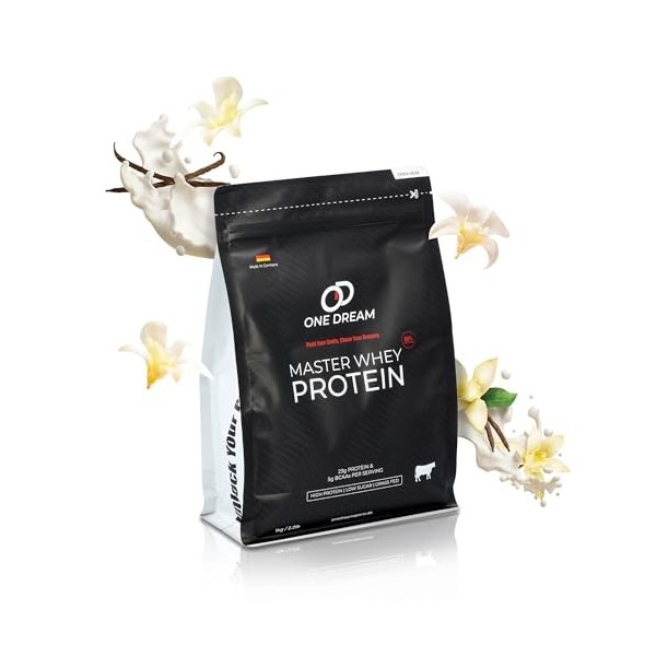 One Dream Master Whey Protéines en poudre, blanc dœuf, lactosérum, shake protéiné, vanille, 1 kg