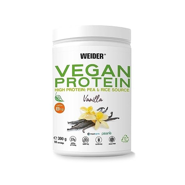 Weider Vegan Protein 300g Goût Vanille, Protéines 100% Vegetal 23g/dose, Pois Isolat Pisane & Riz, Avec Vitamine B12 & St