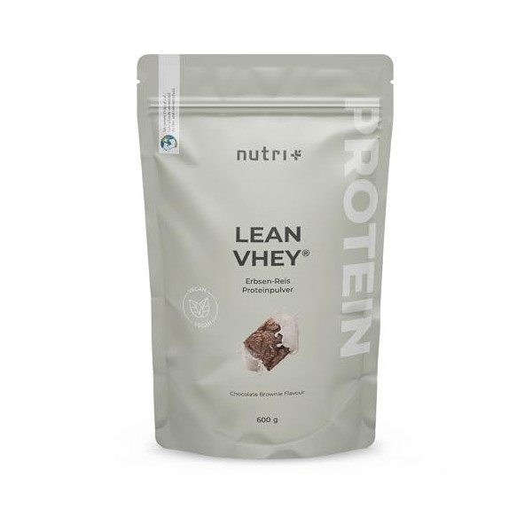 Nutri + Poudre de protéine végétalienne sans soja, gluten, lactose - Chocolate Brownie 600 g - Protéine de riz et pois chocol