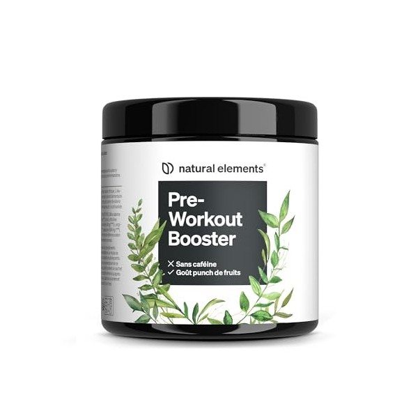 Pre-Workout Booster – zéro caféine – goût punch de fruits – avec niacine, ginseng et BCAA – végane, sans caféine – produit et