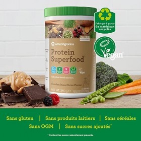 Amazing Grass Protein Superfood, Poudre Alimentaire de Protéines Bio et Végane aux Fruits et Légumes, Saveur Beurre de Cacahu