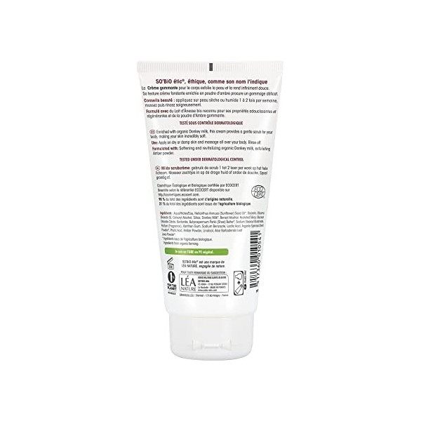 SOBiO étic - Crème gommage douceur corps - Mon Lait dÂnesse - Tous types de peaux - Certifié Cosmebio - Tube de 150 ml