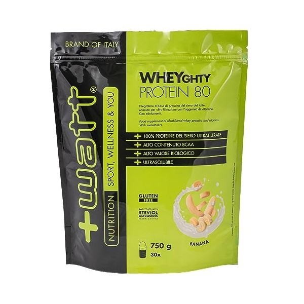 Wheyghty Protein 80 - Complément à Base de Protéines de Lait 80% - Format : 750 g - Saveur : Banane