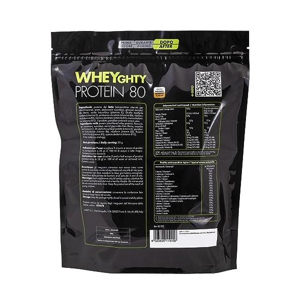 Wheyghty Protein 80 - Complément à Base de Protéines de Lait 80% - Format : 750 g - Saveur : Banane