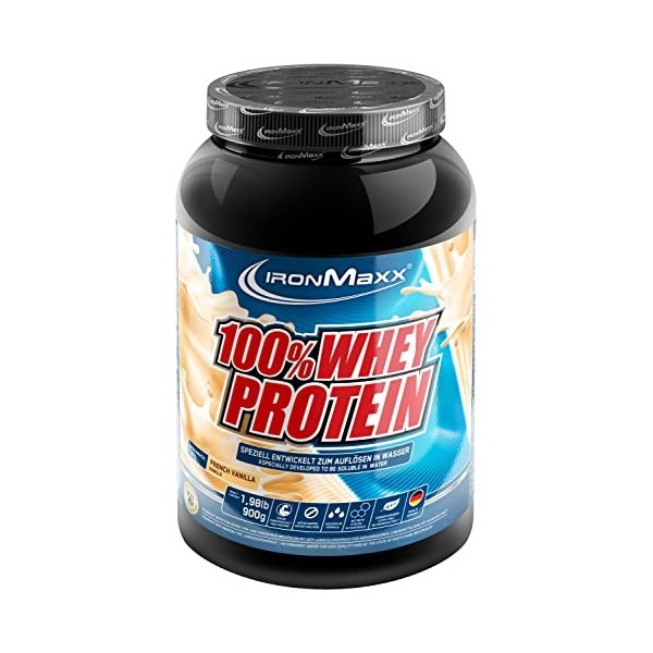 IronMaxx 100% Whey Protein - Protéines de Lactosérum en poudre, hydrosolubles - Goût Vanille Française - 1 x boîte de 900 g