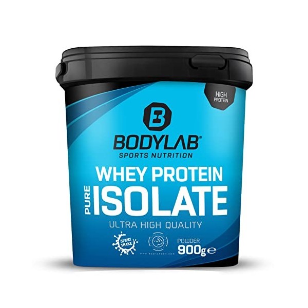 Whey Protein Isolate Double Chocolate 900g Bodylab24, poudre de protéines à base disolat de whey, peut favoriser la construc