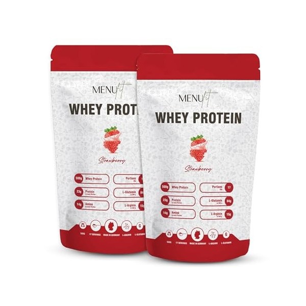 Menufit Whey Protéines en poudre 1000 g fraise 2 x 500 g , poudre de protéines pour le développement musculaire, poudre de p