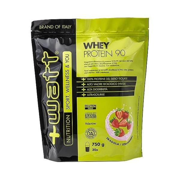 + Watt Whey Protein 90 Protéines del Siero del Latte Gusto Fragola, 750 g