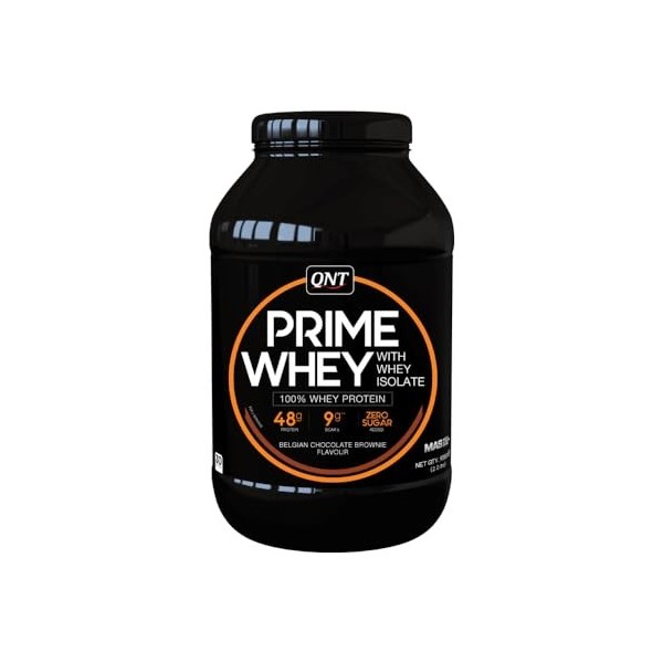 QNT Prime Whey brownie chocolat belge, 79% de Whey Protéine, contient de l’isolat de whey, aide à augmenter le volume et la f