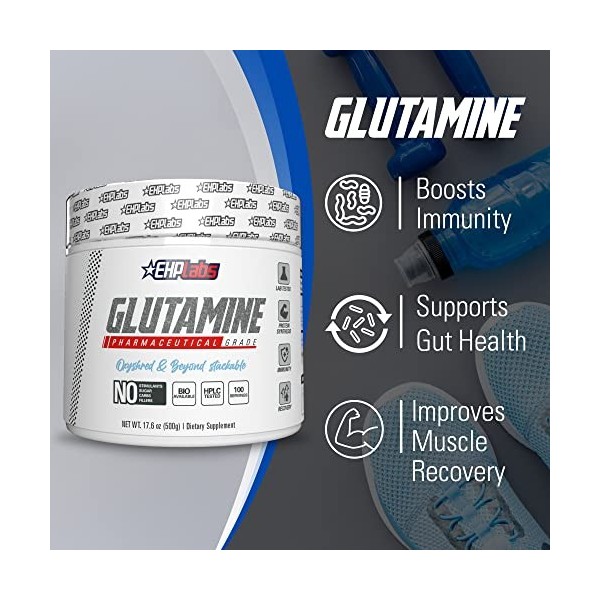 EHPlabs L Glutamine Powder Amino Acids - L-Glutamine Supplement for Gut Health 500g Improves Muscle Recovery, Focus & Conce