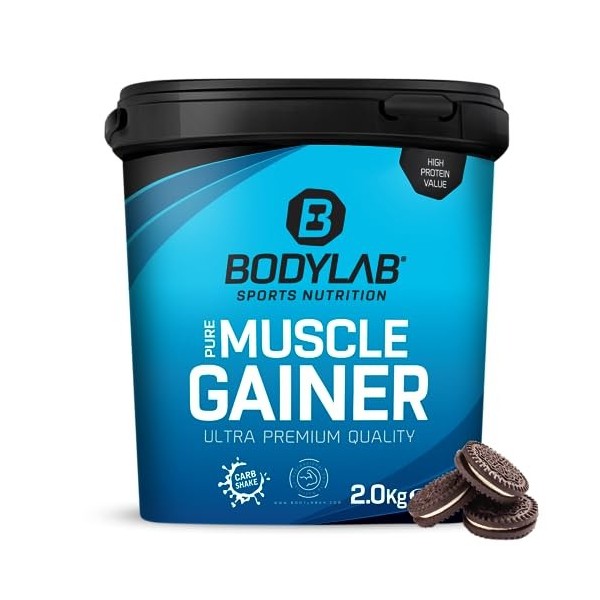 Bodylab24 Pure Muscle Gainer Cookies & Crème 2000g, 33g de glucides naturels, 40g de protéines et 12g de lipides pour 100g, e