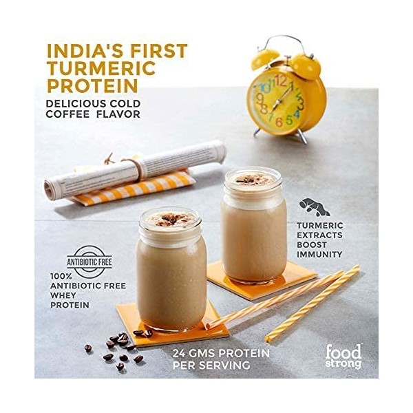 Foodstrong Daily Protein|Cold Coffee | Natural Antibiotic Free Grass-Fed Whey Protein Powder With Turmeric & Green Tea, 529 G