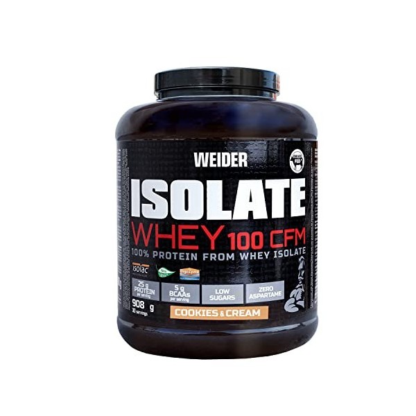 Weider Isolate Whey 100 CFM. Goût Cookies & Cream. Mélange protéines avec isolat de protéines de lactosérum. Prise de masse m