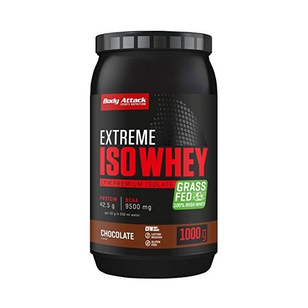 Body Attack Extreme Iso Whey Protéines en poudre Chocolate, 1 kg de poudre de protéines, facilement soluble et digestible, 10