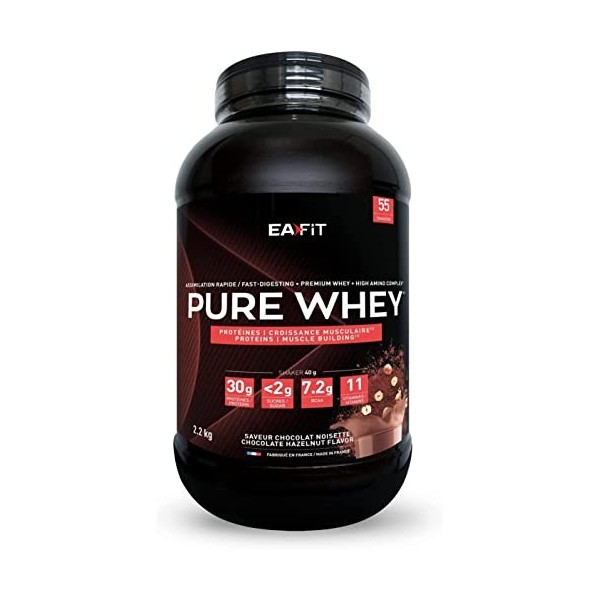 EAFIT Pure Whey, Pour la prise de muscle et le fitness, 30 g de proteines de whey Plus 7,2 g de BCAA Plus 11 vitamines par sh