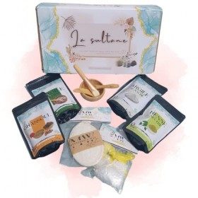 Coffret Soins masque Corps Cheveux hammam | Henné neutre Ghassoul Argile Blanche Verte | Bol et cuillere en bambou | Gant exf