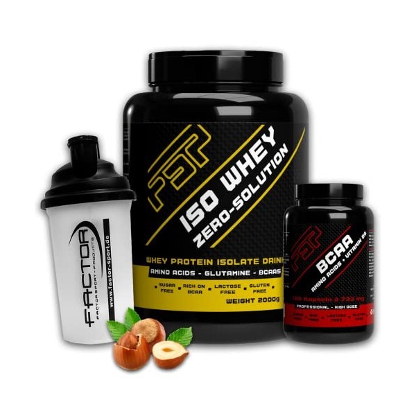 FACTOR ISO WHEY ZERO-SOLUTION 1 x 2000 g + 120 Capsules BCAA + Shaker Noisette 