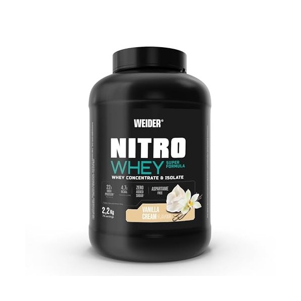 Weider Nitro Whey Super Formula 2,2kg Goût Crème Vanille. 22g/dose de Concentré et Isolat de Protéines de Lactosérum + 4,7g