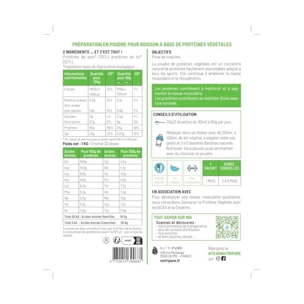 NUTRIPURE | PACK PRISE DE MUSCLES | Protéine Végétale Bio + Créatine Monohydrate Poudre + Pre Workout EAA, BCAA | Goût NEUT