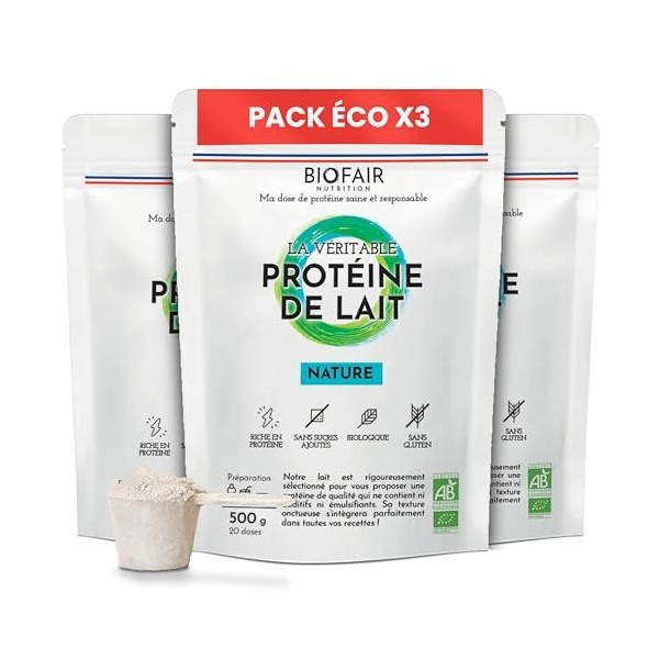 BIOFAIR NUTRITION - Whey Protéine Bio - Lot de 3 - Saine, 100% Naturelle et Issue de Nos Pâturages Français - Nature, Goût Ne