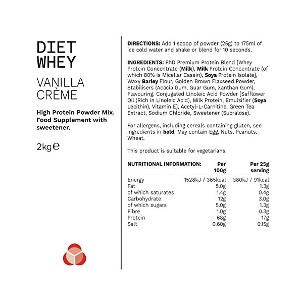 PhD Nutrition | Diet Whey protéine en poudre faible en sucre et en calories avec CLA et L-Carnitine | Pour la musculation | S