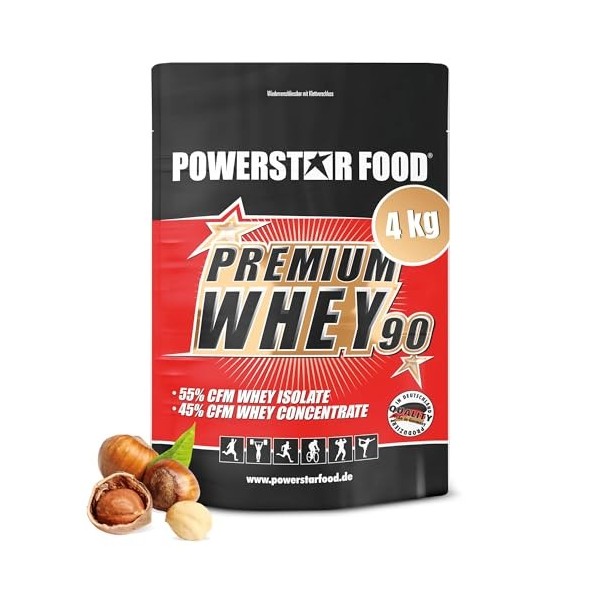 Powerstar Premium Whey 90 | 90 % de protéines i.Tr. | Poudre de protéines de lactosérum 4000 g | Fabriqué en Allemagne | 55 %