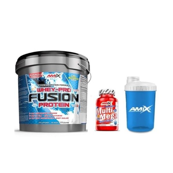 Amix Whey Pure Fusion 4 kg Fraise + Amix Multi Mega Sport Stack 30 tablettes + Fouet