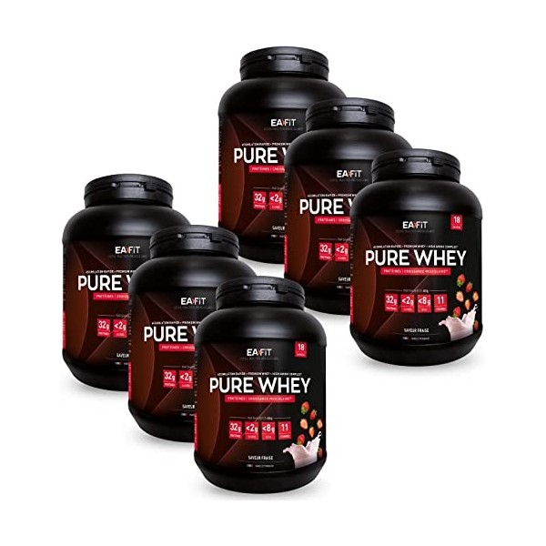 EAFIT Pure Whey - Fraise 750 g - FORMAT ECO 6 POTS 4,5kg - Croissance Musculaire - Protéines de Whey - Assimilation Rapide - 