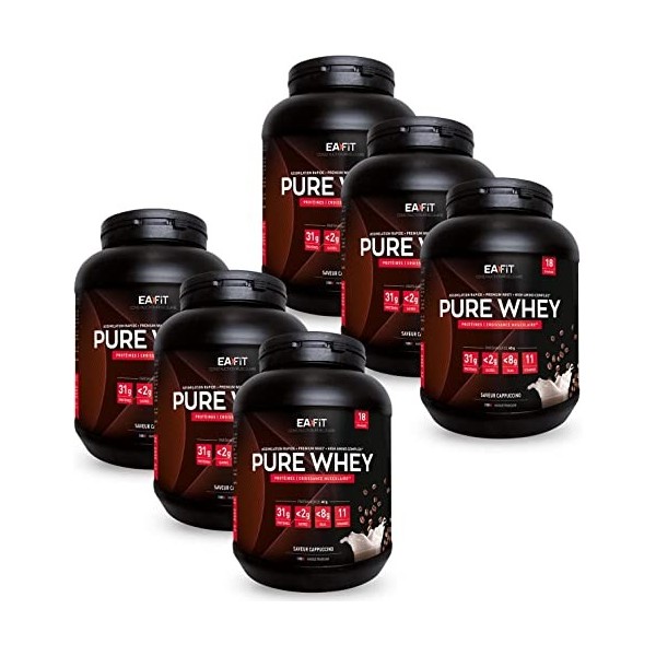 EAFIT Pure Whey - Cappuccino 750 g - FORMAT ECO 6 POTS 4,5kg - Croissance Musculaire - Protéines de Whey - Assimilation Rapid