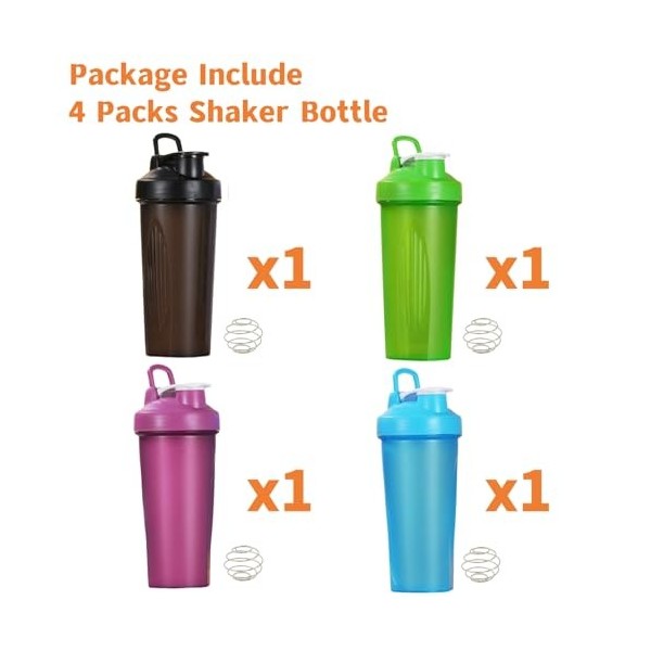 Lot de 4 bouteilles shaker protéinées de 710 ml, mélangeur sans BPA pour milkshakes protéinés et pré-entraînement avec bouc