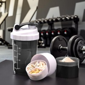 Smart-Planet Shaker à protéines 500 ml avec organiseur de comprimés intégré et compartiment à poudre 150 ml – Avec graduati