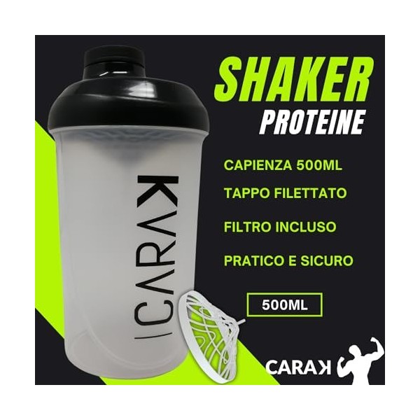 CARAK Shaker pour protéines 500ML fonction mélangeur avec filtre à perfusion pour smoothies protéinés pour le fitness récipie