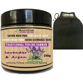 Savon Noir Gommage 250g+ gant de gommage offert à lhuile dArgan et lhuile essentielle de lavande. 100% NATUREL Hammam et S