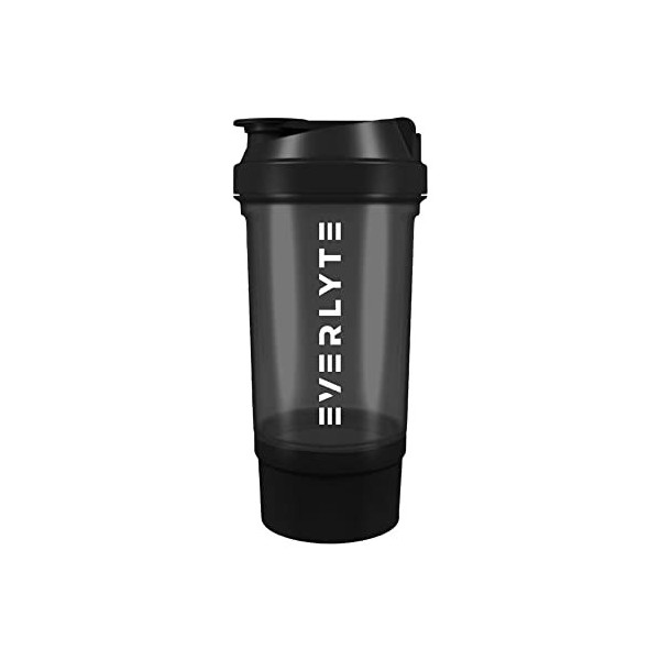 EVERLYTE® - Shaker noir de 500 ml + récipient de 150 ml | Crochet sport avec fermeture à pression, tamis et échelle de mesure